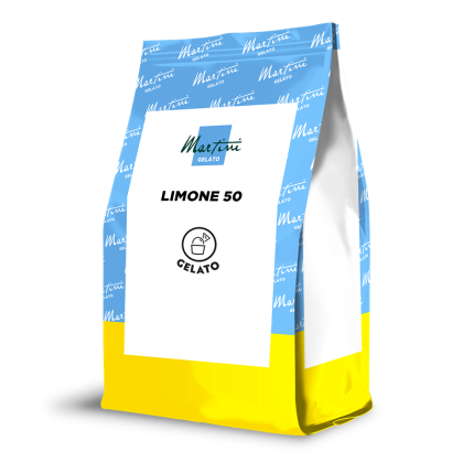 Blue and yellow stand-up pouch bag of Martini Gelato Limone 50 gelato powder mix with white label.