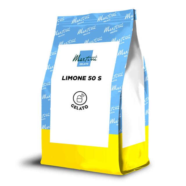 Blue and yellow stand-up pouch bag labeled "Martini Gelato Limone 50 S" with a gelato scoop icon.