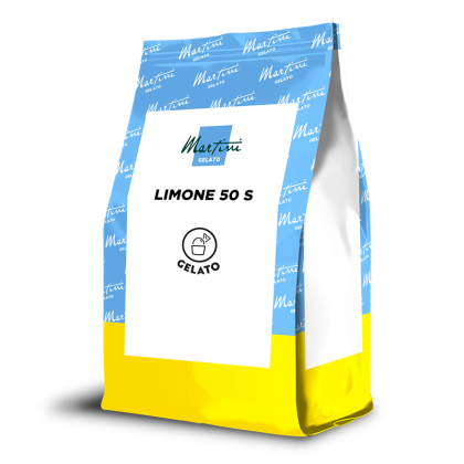 Blue and yellow stand-up pouch bag labeled "Martini Gelato Limone 50 S" with a gelato scoop icon.