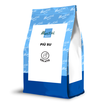 Blue and white stand-up pouch bag labeled "Martini Gelato Più Su" with a gelato scoop icon on the front.
