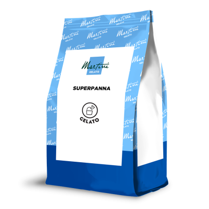 Blue and white stand-up pouch labeled "Martini Gelato Superpanna" with a gelato scoop icon on the front.