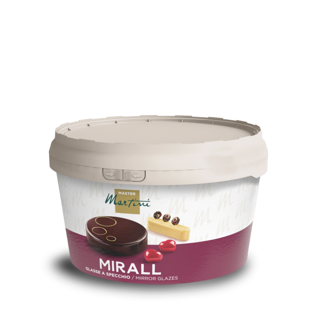 Beige plastic tub of Master Martini Mirall mirror glaze, labeled with images of a chocolate cake and pastry.