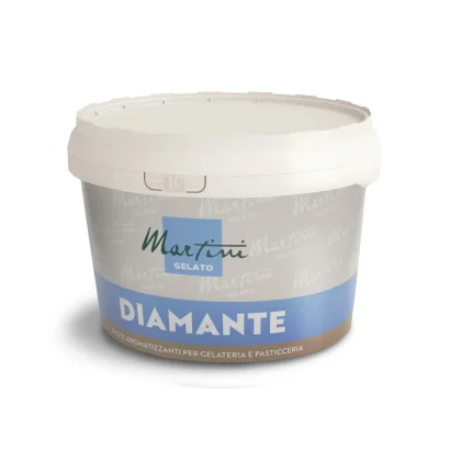 White tub of Martini Gelato Diamante flavoring paste for gelato and pastry making, with gray and blue label.