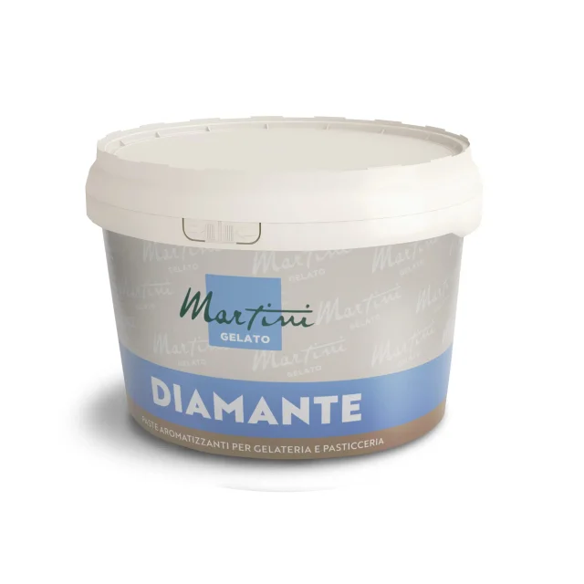White tub of Martini Gelato Diamante flavoring paste for gelato and pastry making, with gray and blue label.