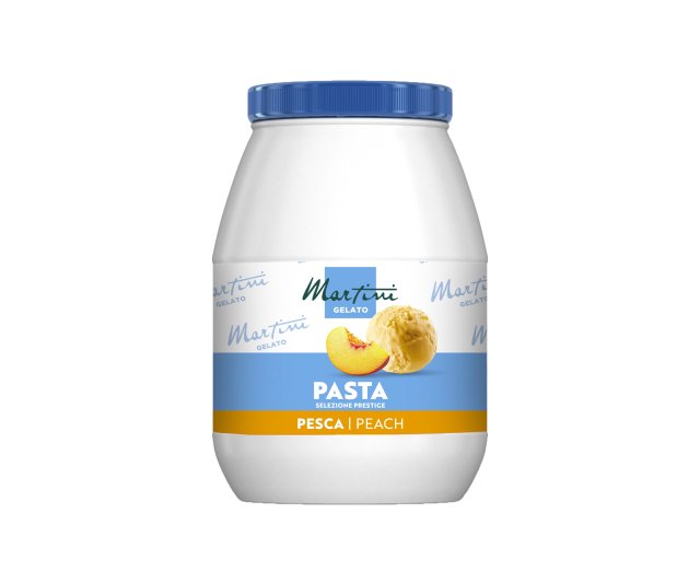 White plastic jar with blue lid labeled "Martini Gelato Pasta Selezione Prestige, Pesca/Peach," showing peach and ice...