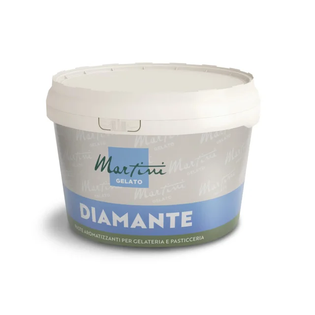 White plastic tub of Martini Gelato Diamante flavoring paste for ice cream and pastry making.