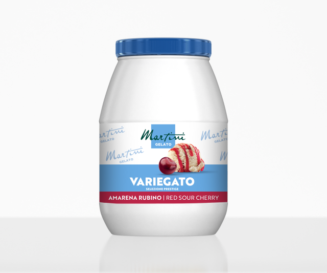 White plastic jar with blue lid labeled Martini Gelato Variegato Amarena Rubino Red Sour Cherry, showing ice cream an...