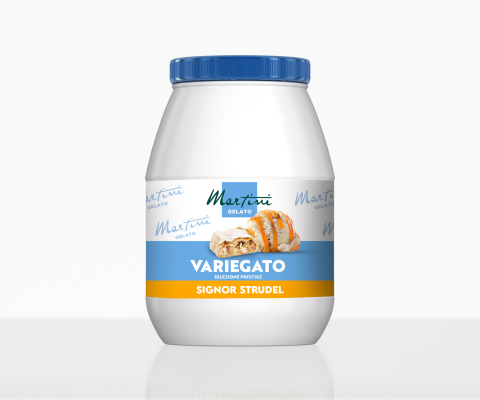 White plastic jar with blue lid, labeled Martini Gelato Variegato Signor Strudel with a pastry image.