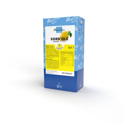 Blue 1L carton of Martini Gelato Sorb'Olè lemon sorbet with a yellow label featuring lemon illustrations.