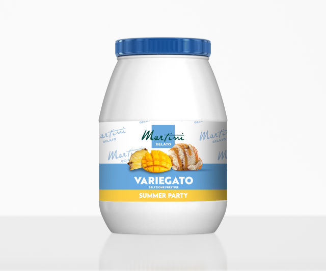 White plastic jar with blue lid labeled "Martini Gelato Variegato Summer Party," featuring mango, pineapple, and cook...