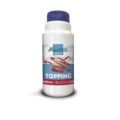 White plastic bottle of Martini Gelato Black Cherry (Amarena) topping with a purple cap on a white background.