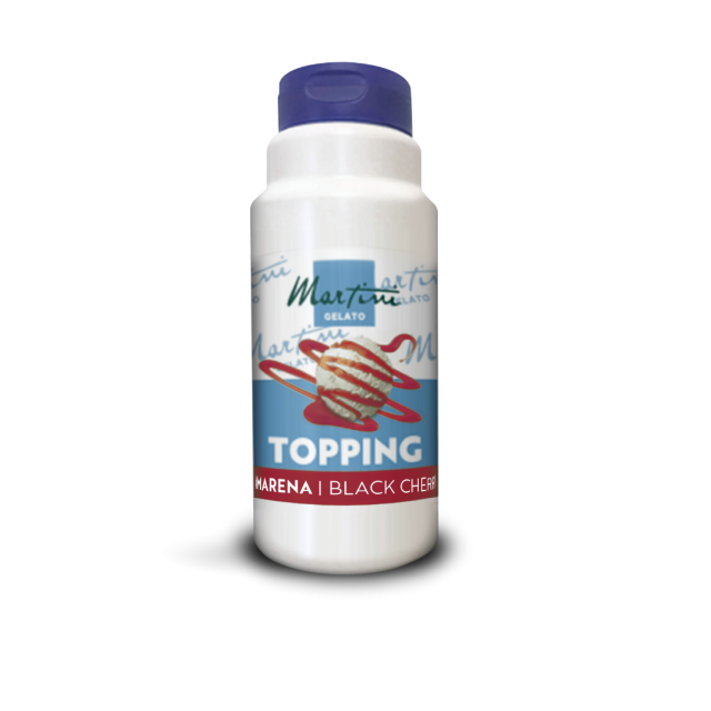 White plastic bottle of Martini Gelato Black Cherry (Amarena) topping with a purple cap on a white background.