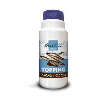 White plastic bottle of Martini Gelato cacao/cocoa topping sauce with blue cap and scoop of ice cream on the label.
