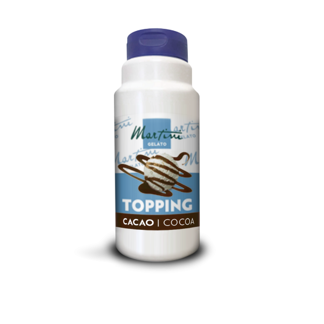 White plastic bottle of Martini Gelato cacao/cocoa topping sauce with blue cap and scoop of ice cream on the label.