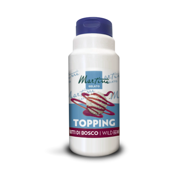 White plastic bottle of Martini Gelato Wild Berries topping with a blue cap and scoop of ice cream on the label.