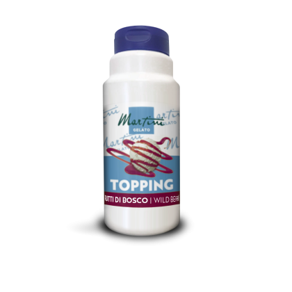White plastic bottle of Martini Gelato Wild Berries topping with a blue cap and scoop of ice cream on the label.