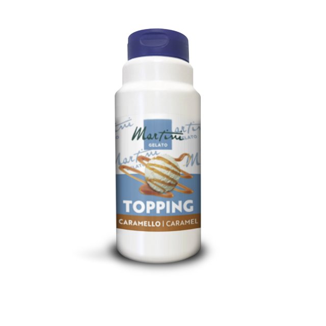 White plastic squeeze bottle of Martini Gelato Caramello caramel topping with a scoop of ice cream drizzled in carame...