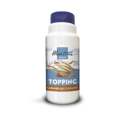White plastic squeeze bottle of Martini Gelato Caramello caramel topping with a scoop of ice cream drizzled in carame...