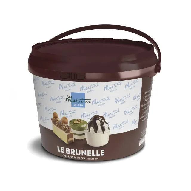 Brown bucket of Martini Gelato "Le Brunelle" soft cream with a repeating logo label and dessert photos on the front.