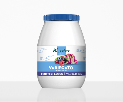 White plastic jar with blue lid labeled Martini Gelato Variegato Frutti di Bosco Wild Berries, showing berries and ic...