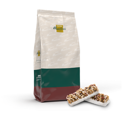 Master Martini bag with green and red label beside two granola bars topped with white chocolate drizzle.