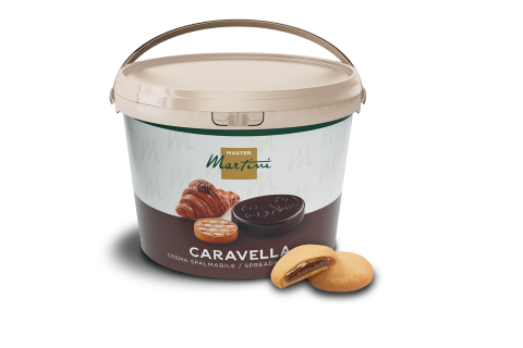 A white plastic bucket of Master Martini Caravella spreadable cream, labeled with croissant and cookie images, beside...
