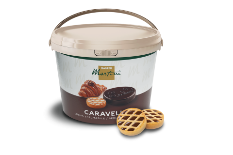 A beige plastic tub labeled "Master Martini Caravelle" spreadable cream, with lattice-topped tarts in front.