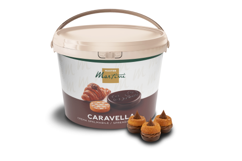 A large plastic tub of Master Martini Caravella spreadable cream, with pastries and chocolate treats displayed beside...