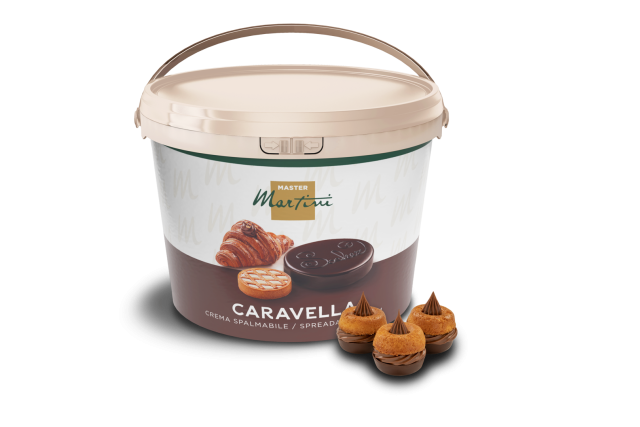 A large plastic tub of Master Martini Caravella spreadable cream, with pastries and chocolate treats displayed beside...