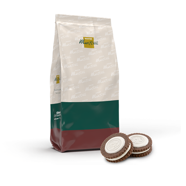 Master Martini branded bag with white, green, and maroon design, beside two chocolate sandwich cookies with cream fil...