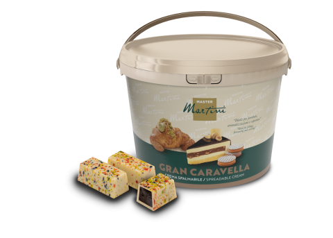 A large tub of Master Martini Gran Caravella spreadable cream beside two confetti-coated pastry bars with chocolate f...
