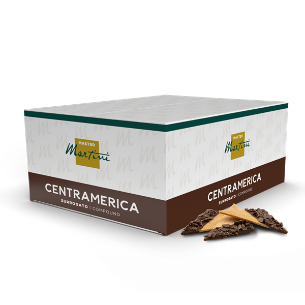 Master Martini Centramerica chocolate compound box with a triangular chocolate wafer piece beside it.