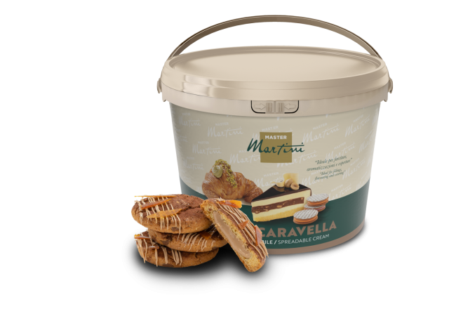 A large plastic tub of Master Martini Caravella spreadable cream beside filled pastries drizzled with white chocolate.