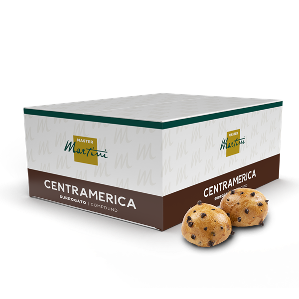 Master Martini Centramerica compound chocolate box with two chocolate chip-studded bread rolls beside it.