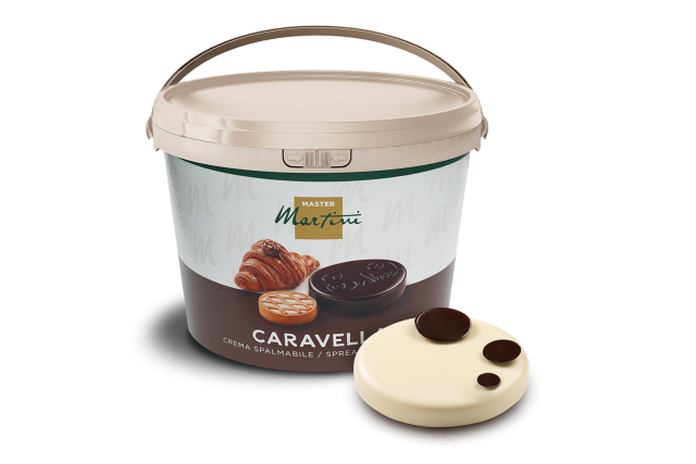 Beige plastic bucket labeled Master Martini Caravella spreadable cream, beside a swirled dark and white chocolate disc.