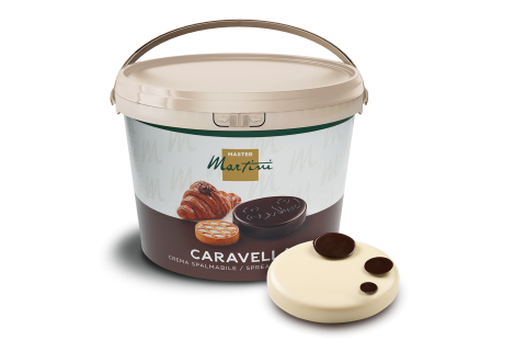 Beige plastic bucket labeled Master Martini Caravella spreadable cream, beside a swirled dark and white chocolate disc.