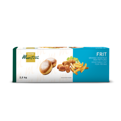 Box of Master Martini FRIT vegetable frying fat, 2.5 kg, showing powdered donuts, fried nuggets, and fries.