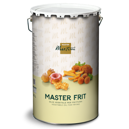 Metal tin of Master Martini "Master Frit" frying oil with fried food images on beige label, 25L.