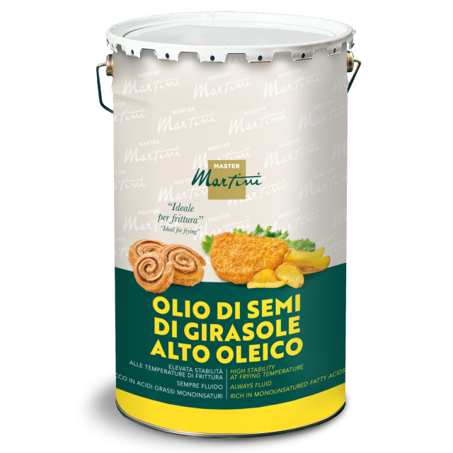 Metal pail of Master Martini high oleic sunflower seed oil, labeled ideal for frying, with fried food images.