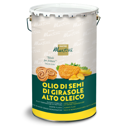 Metal pail of Master Martini high oleic sunflower seed oil, labeled ideal for frying, with fried food images.
