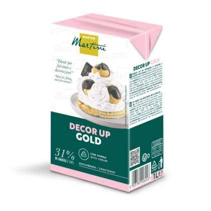 1L carton of Master Martini Decor Up Gold sweetened whipping cream, 31% fat, with cream puff dessert image.