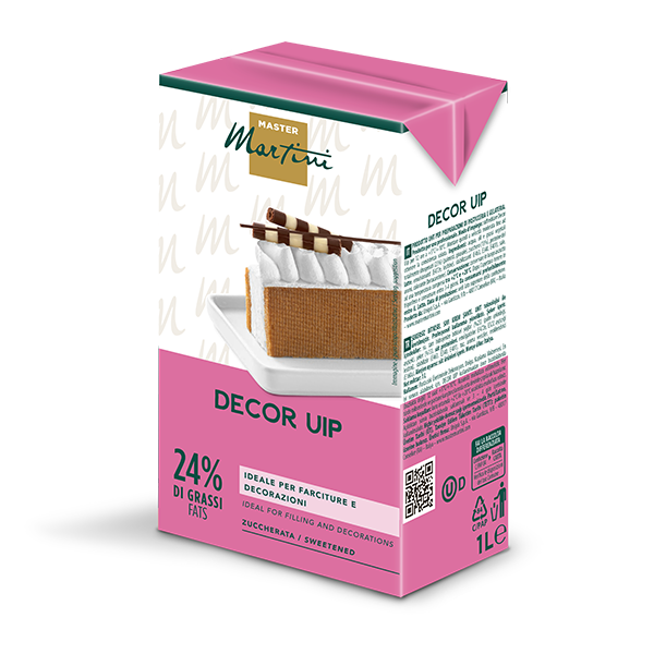 1L pink carton of Master Martini Decor UIP sweetened whipping cream, 24% fat, with a sliced cake image.