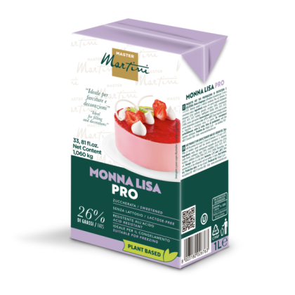 Master Martini Monna Lisa Pro plant-based whipping cream carton, 1L, lactose-free, with a strawberry cake image on th...