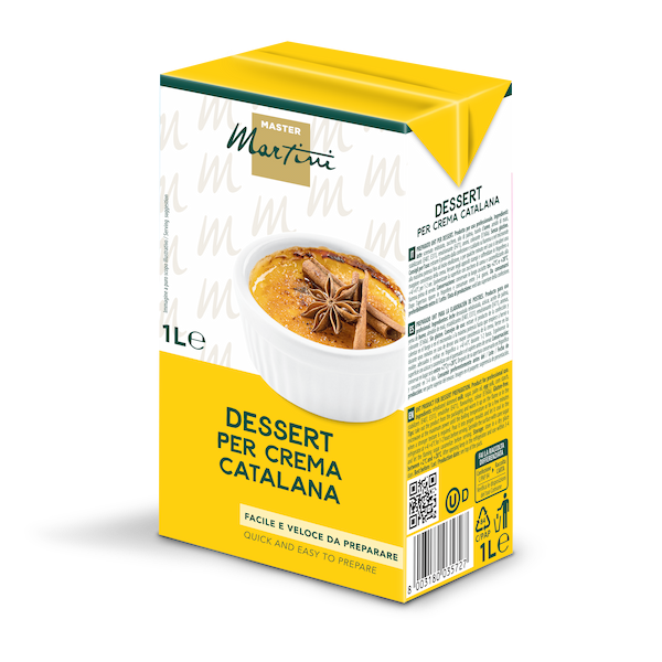 1L yellow carton of Master Martini Crema Catalana dessert mix, featuring a caramelized custard with star anise on the...