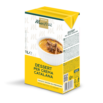 1L yellow carton of Master Martini Crema Catalana dessert mix, featuring a caramelized custard with star anise on the...