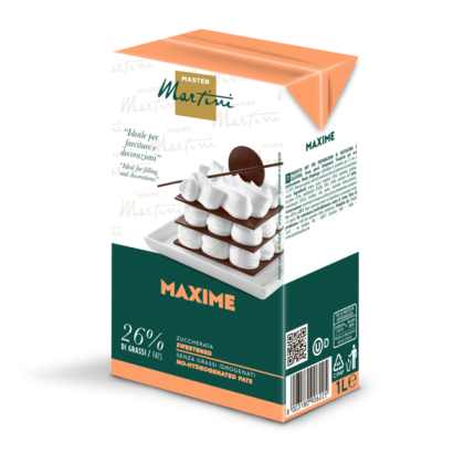 1L carton of Master Martini Maxime sweetened cream, 26% fat, with layered dessert image on packaging.