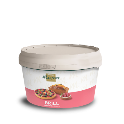 Tub of Master Martini Brill gelatine/jellies glaze with a tan lid, labeled with fruit tart images on white and pink p...