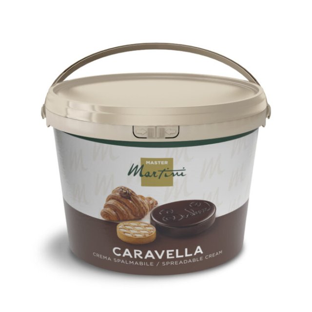 Beige bucket of Master Martini Caravella spreadable chocolate cream, labeled with a croissant and cookies.