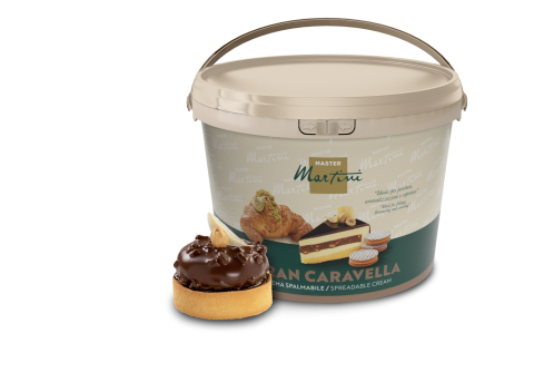A large tub of Master Martini Gran Caravella spreadable cream beside a chocolate-glazed tart pastry.