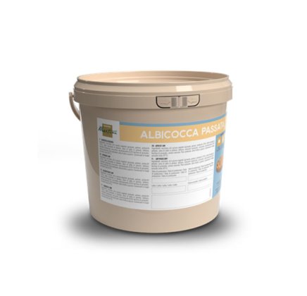 Beige plastic bucket labeled "Albicocca Passata" apricot puree with product information text on the front.